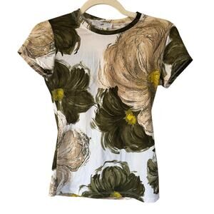 VTG Vertigo Multicolor Ivory Abstract Floral Form Fitting Euro Short Sleeve XS-M